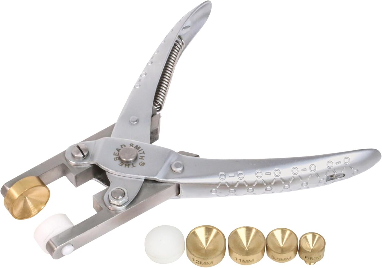 The Beadsmith Smart Setter Parallel Pliers – 5” Cup Chain Tool for Gemstone Setting, Polished Steel, 5 Brass Setting Heads Sizes (14mm, 12mm, 11mm, 8.5mm, 6mm) & 12mm Plastic Head